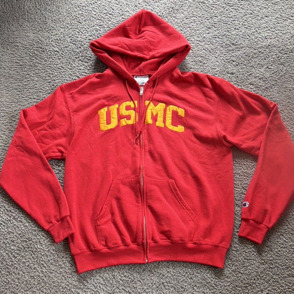 Champion USMC Full Zip Hoodie Mens M Red United States Marine Corps Military
